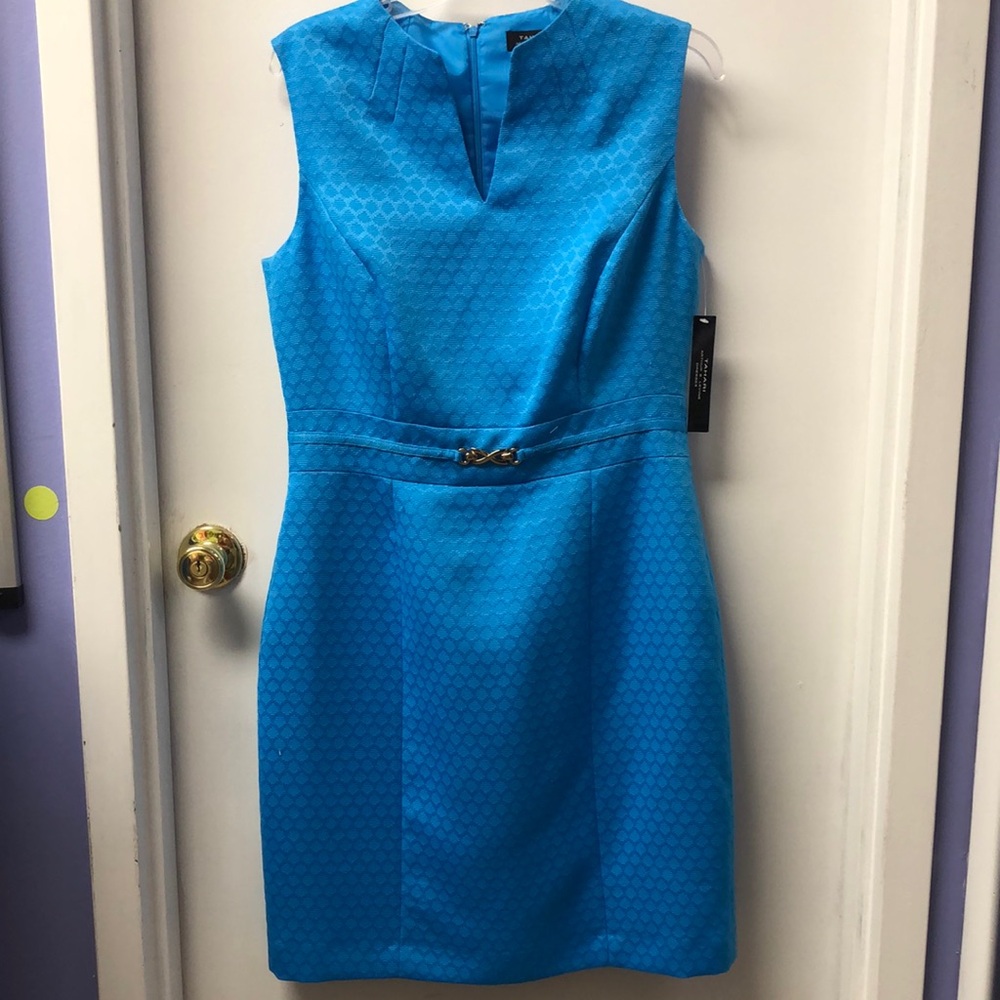 Tahari Blue Sleeveless Mock Neck Sheath Dress